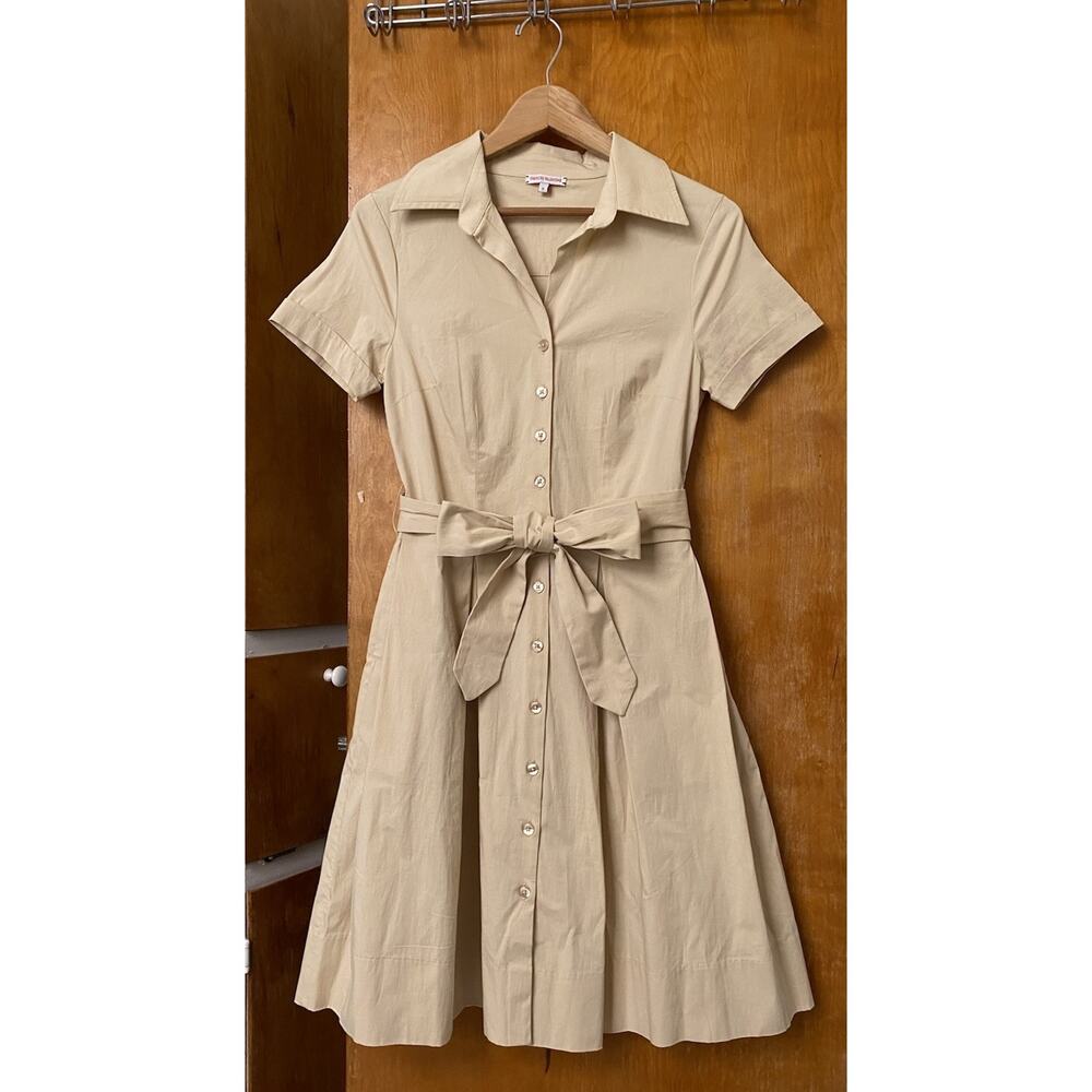 Frances Valentine Bella Khaki Shirt Dress Size S Office Tie Waist Beige Classic - Picture 2 of 7